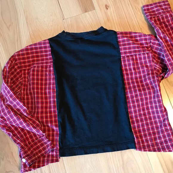 Upcycled Boy’s Plaid Tee: Rock Star Graphic T-Shirt w/Long Sleeves, Size 6-10 - Picture 5 of 8